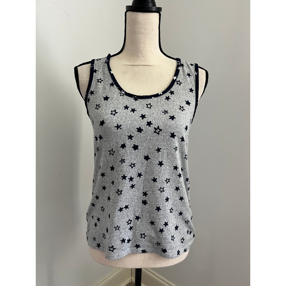 Lucky Brand Grey Star Print Tank‎ Top Small Navy Blue Knit Celestial USA Preppy